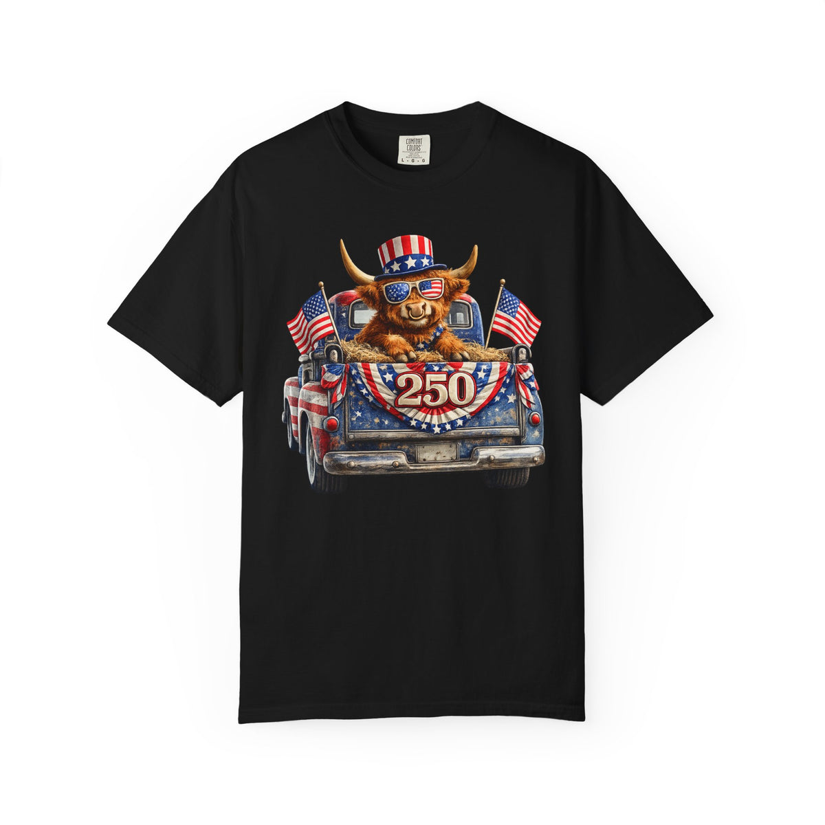 Patriotic Highland, America's 250th Birthday - Comfort Colors | Trendy Women's and Men's T-Shirt. Direct to Garment. Printed & Shipped in the USA. Unisex Sizes.