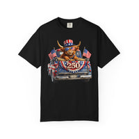 Patriotic Highland, America's 250th Birthday - Comfort Colors | Trendy Women's and Men's T-Shirt. Direct to Garment. Printed & Shipped in the USA. Unisex Sizes.