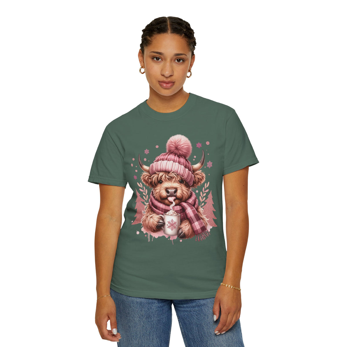 Cozy Highland Cow, Winter Coffee Mug & Scarf - Comfort Colors | Trendy Women's T-Shirt. Direct to Garment. Printed & Shipped in the USA. Unisex Sizes.
