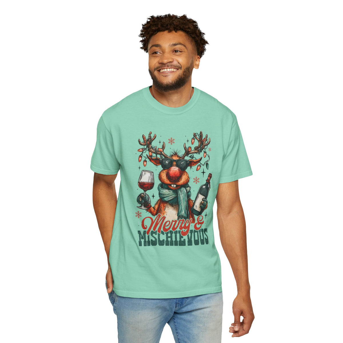 Merry & Mischievous Reindeer - Comfort Colors | Trendy Women's and Men's T-Shirt. Direct to Garment. Printed & Shipped in the USA. Unisex Sizes.