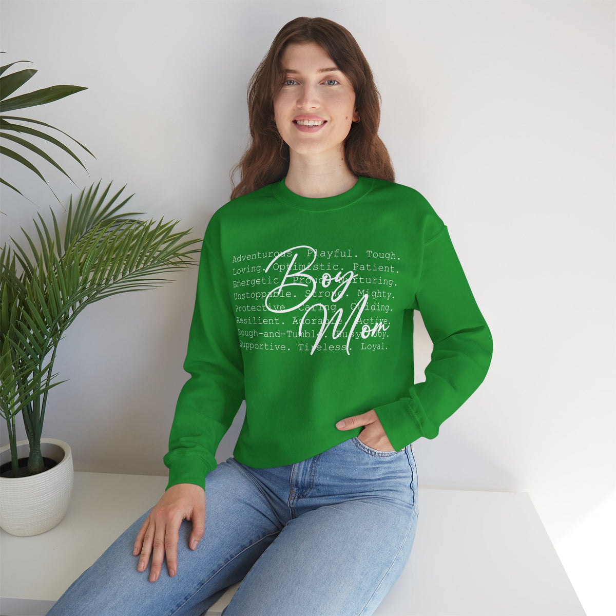 Boy Mom Typography – Gildan Heavy Blend | Trendy Women’s Soft Sweatshirt. Direct to Garment. Printed & Shipped in the USA. Unisex Sizes.