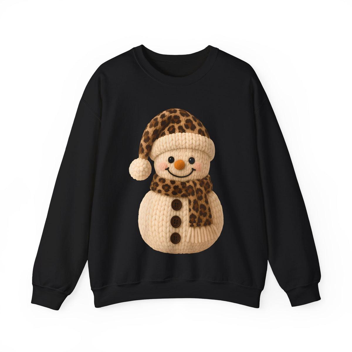 Cute Leopard Faux Knit Snowman Winter – Gildan Heavy Blend | Trendy Women’s Soft Sweatshirt. Direct to Garment. Printed & Shipped in the USA. Unisex Sizes.