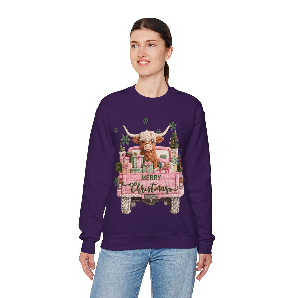 Highland Cow in Pink Truck Merry Christmas Holiday Farmhouse – Gildan Heavy Blend | Trendy Women’s Soft Sweatshirt. Direct to Garment. Printed & Shipped in the USA. Unisex Sizes.