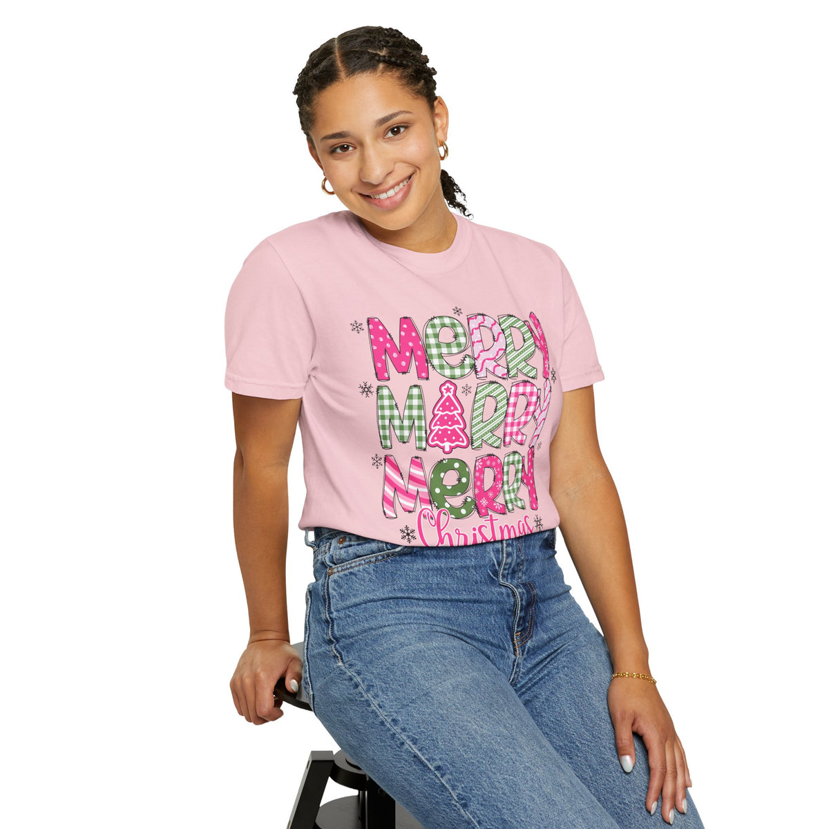 Merry Merry Merry Christmas, Festive Candy Cane & Pink and Green Plaid - Comfort Colors | Trendy Women's T-Shirt. Direct to Garment. Printed & Shipped in the USA. Unisex Sizes.