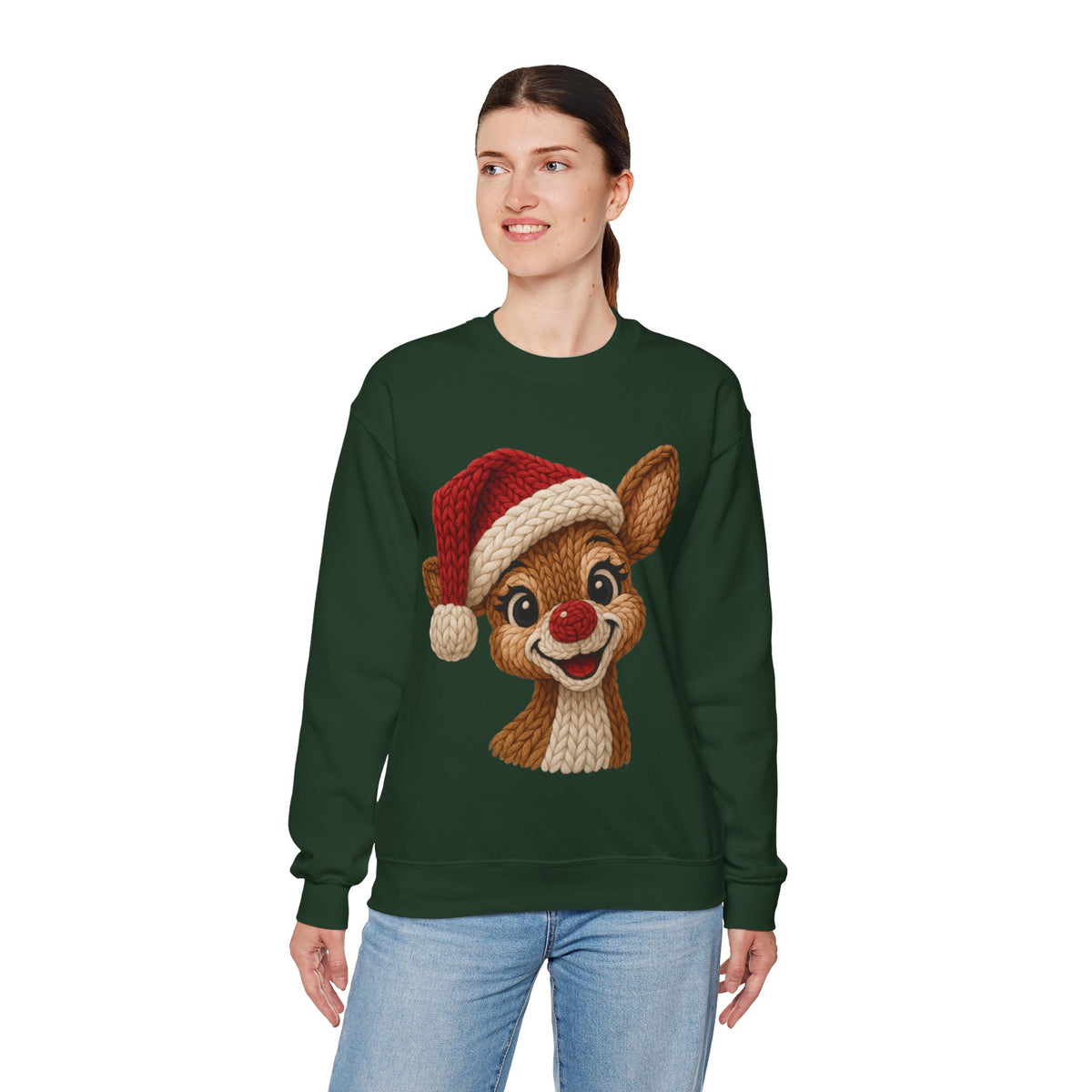 Cute Rudolph Faux Knit Look Reindeer w/Santa Hat – Gildan Heavy Blend | Trendy Women’s Soft Sweatshirt. Direct to Garment. Printed & Shipped in the USA. Unisex Sizes.
