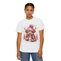 Cozy Highland Cow, Winter Coffee Mug & Scarf - Comfort Colors | Trendy Women's T-Shirt. Direct to Garment. Printed & Shipped in the USA. Unisex Sizes.