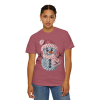 Cute Yarn Snowman - Pink Scarf - Comfort Colors | Trendy Women's T-Shirt. Direct to Garment. Printed & Shipped in the USA. Unisex Sizes.