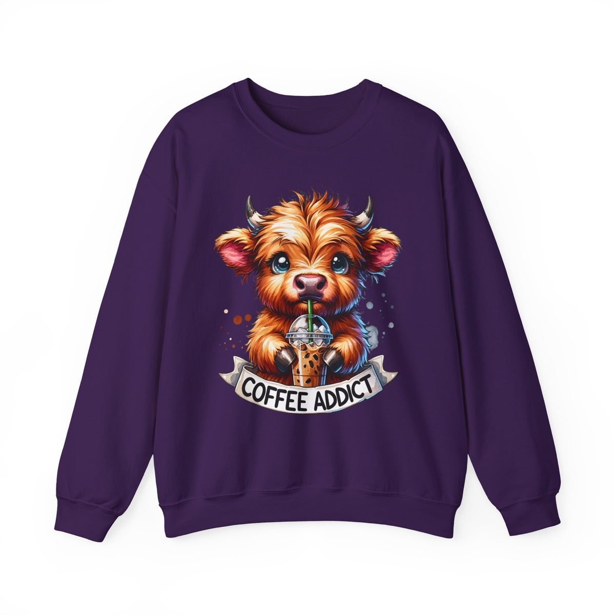 Coffee Addict Highland Cow Drinking Iced Coffee – Gildan Heavy Blend | Trendy Women’s Soft Sweatshirt. Direct to Garment. Printed & Shipped in the USA. Unisex Sizes.