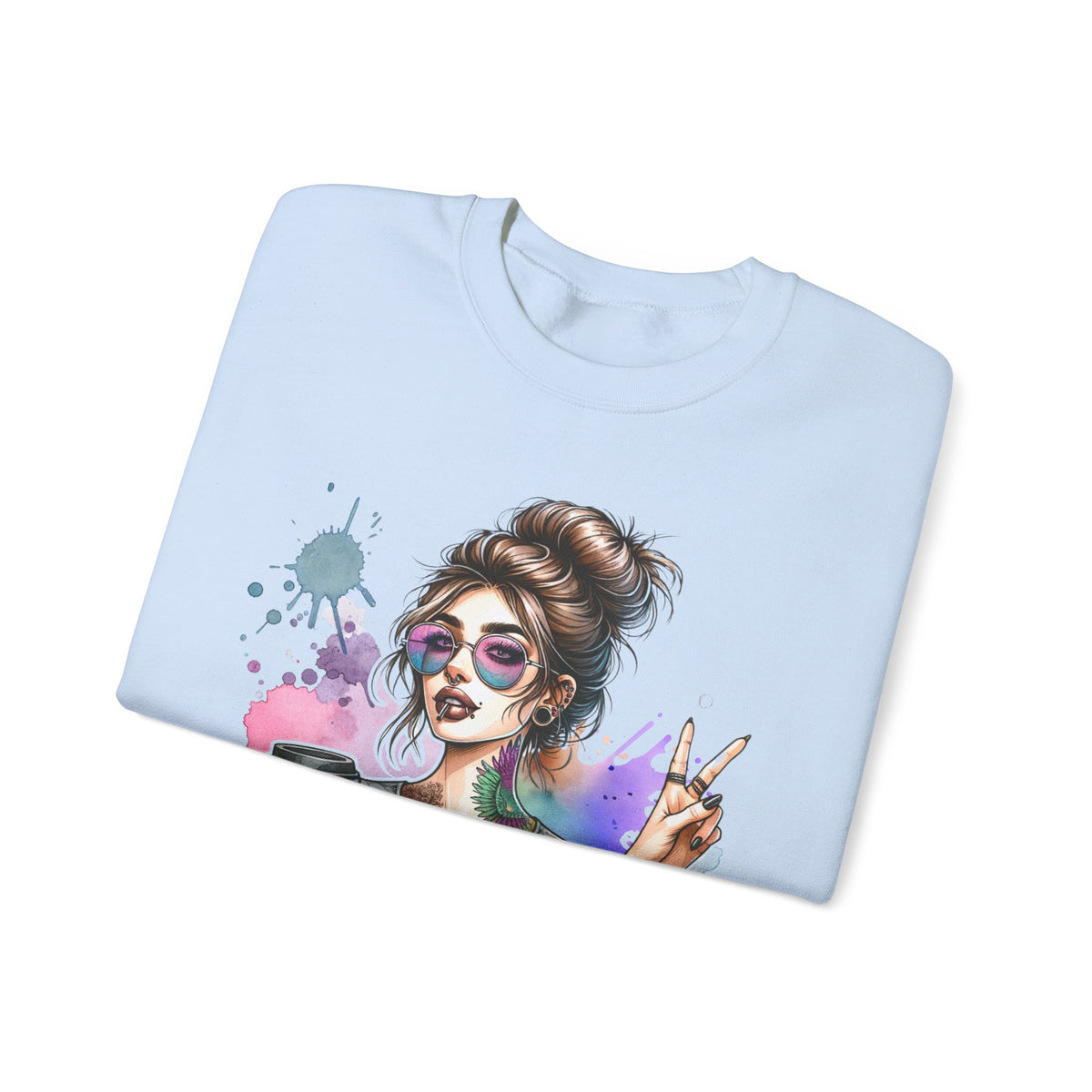 Cool Mombie with Coffee Peace Tattoo - Tired Mom – Gildan Heavy Blend | Trendy Women’s Soft Sweatshirt. Direct to Garment. Printed & Shipped in the USA. Unisex Sizes.