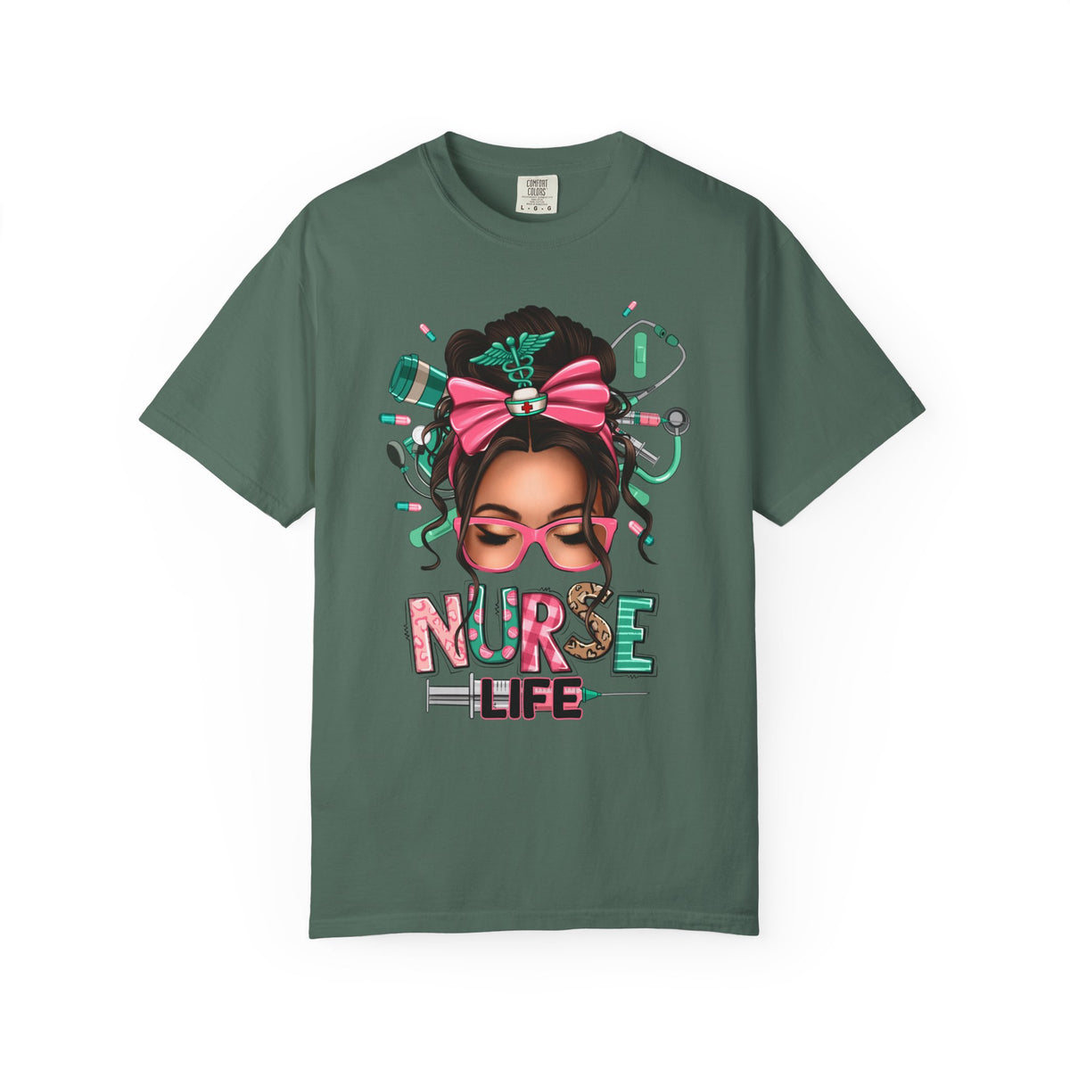 Nurse Life Messy Bun, Cute Stethoscope & Syringe - Comfort Colors | Trendy Women's T-Shirt. Direct to Garment. Printed & Shipped in the USA. Unisex Sizes.