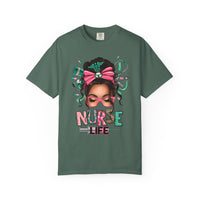 Nurse Life Messy Bun, Cute Stethoscope & Syringe - Comfort Colors | Trendy Women's T-Shirt. Direct to Garment. Printed & Shipped in the USA. Unisex Sizes.