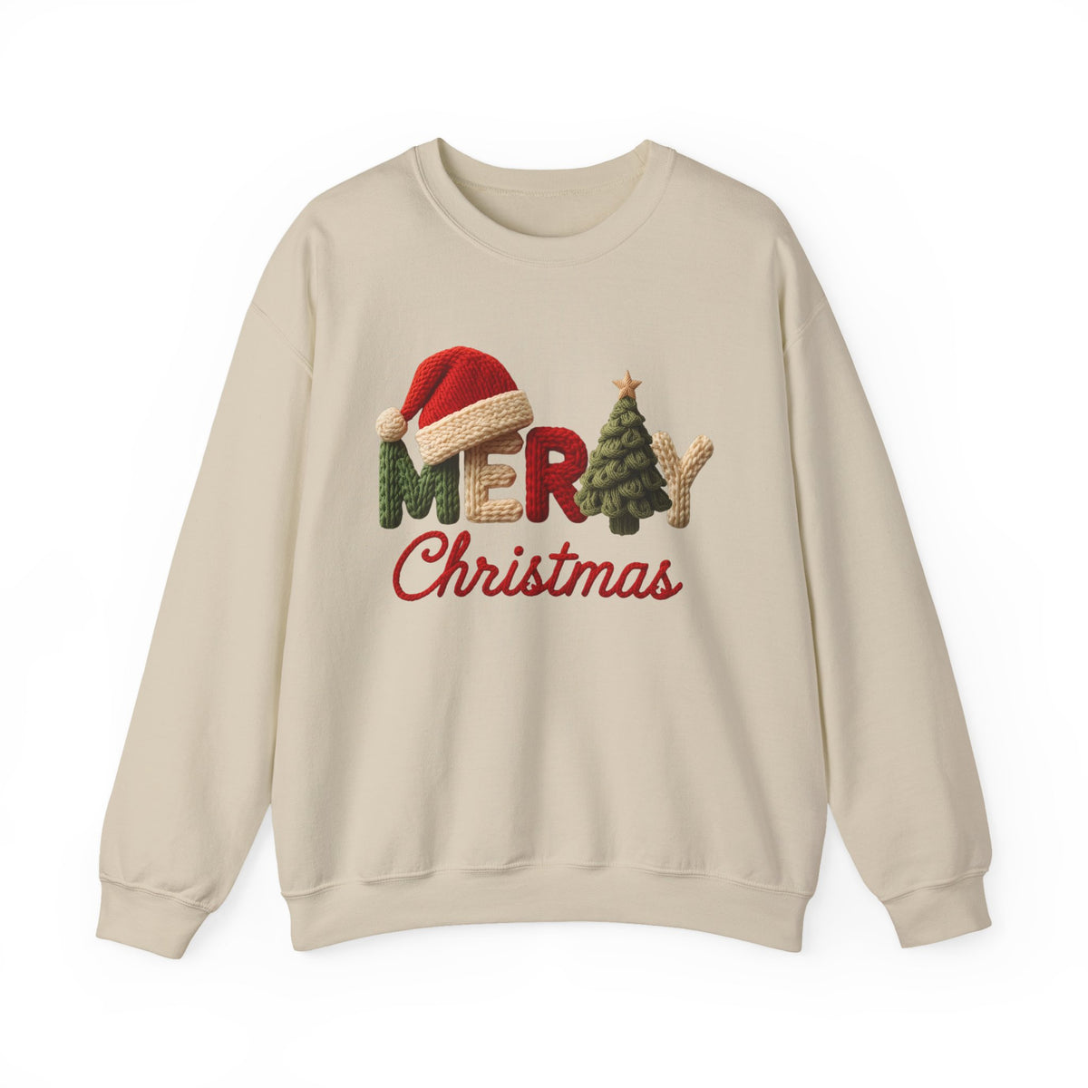 Merry Christmas Faux Yarn w/Santa Hat & Tree – Gildan Heavy Blend | Trendy Women’s Soft Sweatshirt. Direct to Garment. Printed & Shipped in the USA. Unisex Sizes.