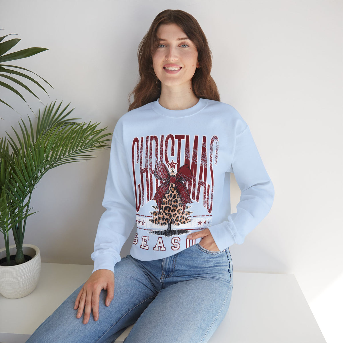 Christmas Season Leopard Tree Distressed – Gildan Heavy Blend | Trendy Women’s Soft Sweatshirt. Direct to Garment. Printed & Shipped in the USA. Unisex Sizes.