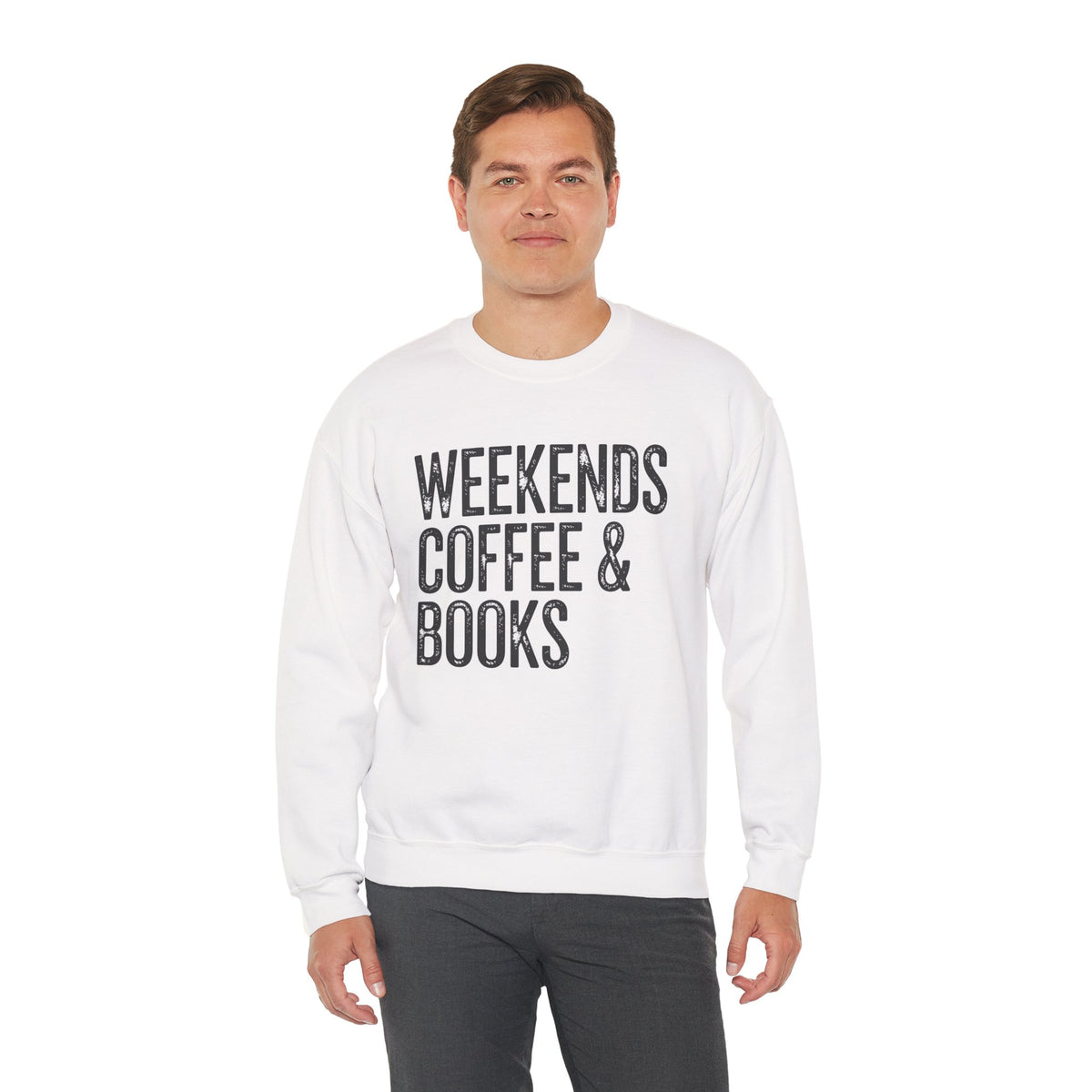 Weekends, Coffee & Books – Gildan Heavy Blend | Trendy Women’s and Men's Soft Sweatshirt. Direct to Garment. Printed & Shipped in the USA. Unisex Sizes.