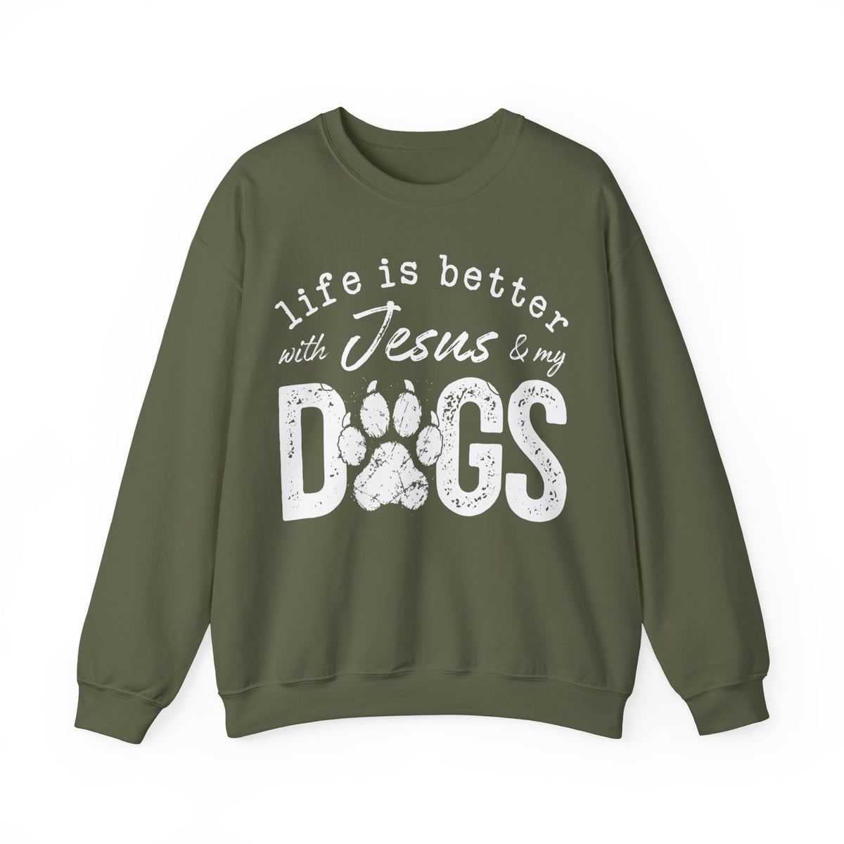 Life is Better With Jesus and My Dogs – Gildan Heavy Blend | Trendy Women’s and Men's Soft Sweatshirt. Direct to Garment. Printed & Shipped in the USA. Unisex Sizes.