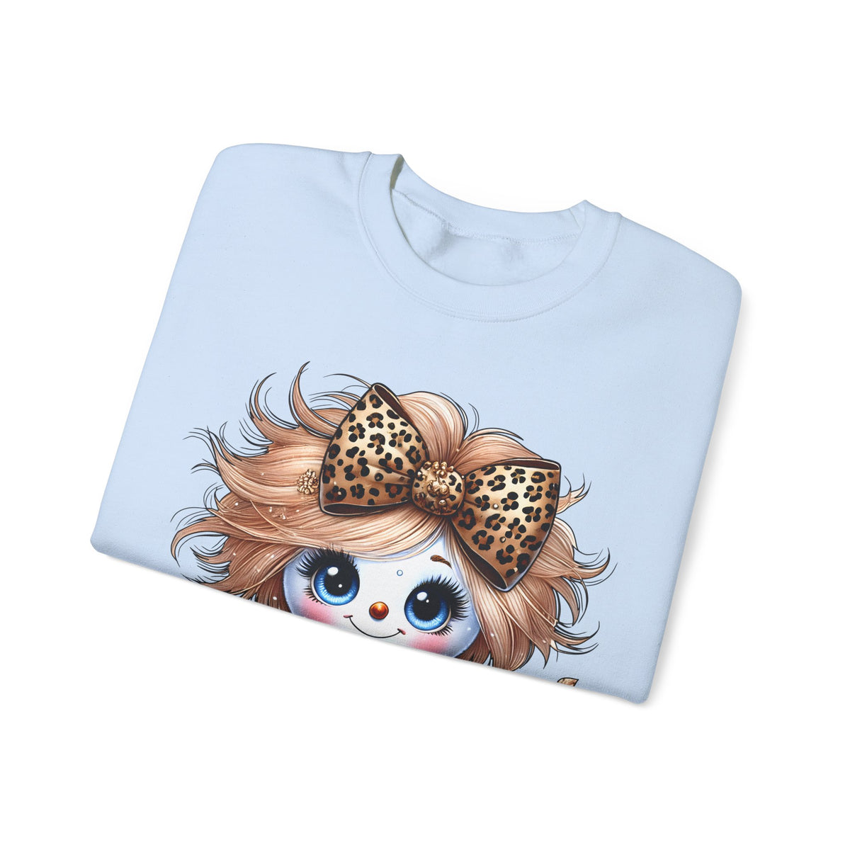 Snowgirl Cute Leopard Bow Snowman, Winter Cozy – Gildan Heavy Blend | Trendy Women’s Soft Sweatshirt. Direct to Garment. Printed & Shipped in the USA. Unisex Sizes.