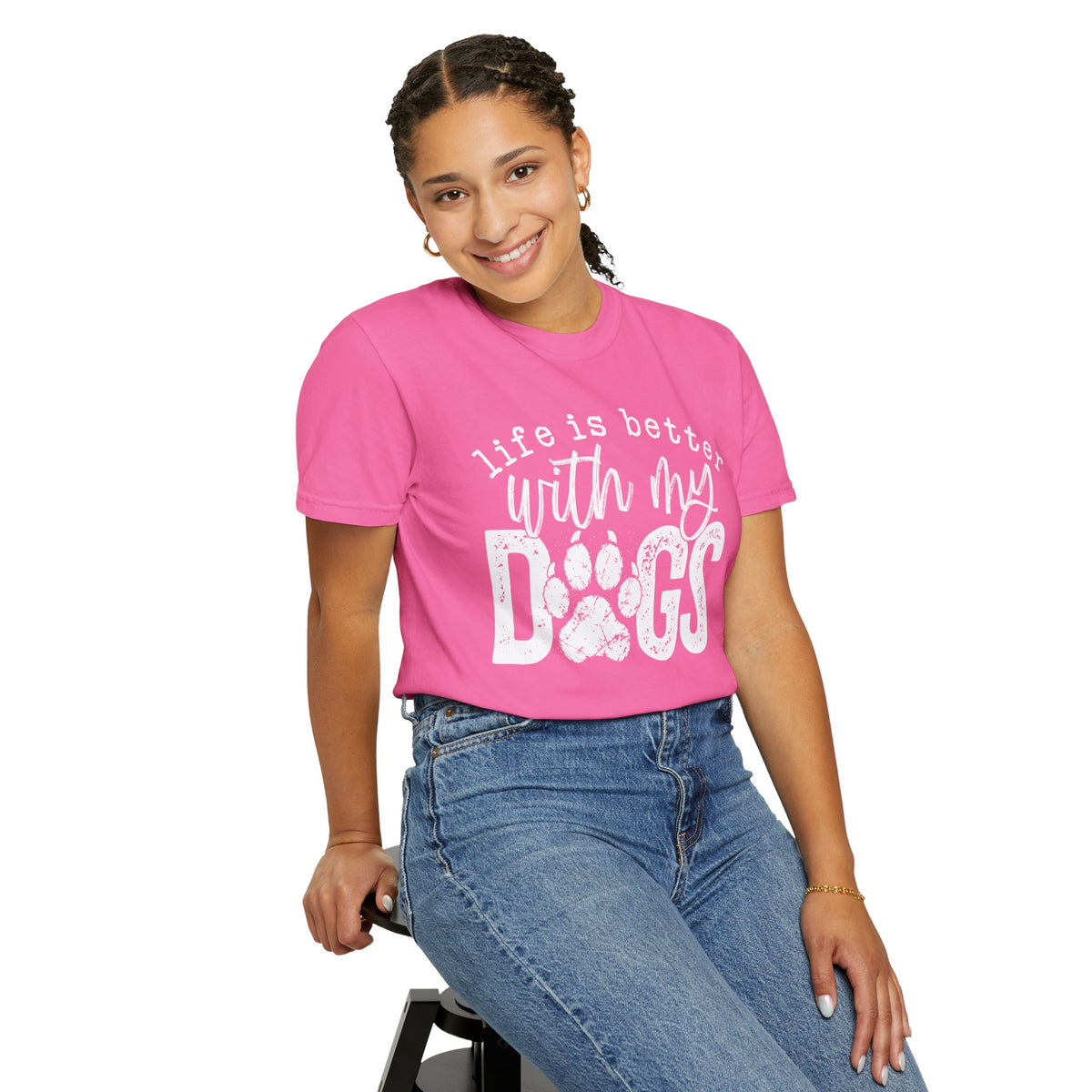 Life Is Better With My Dogs, Distressed - Comfort Colors | Trendy Women's and Men's T-Shirt. Direct to Garment. Printed & Shipped in the USA. Unisex Sizes.