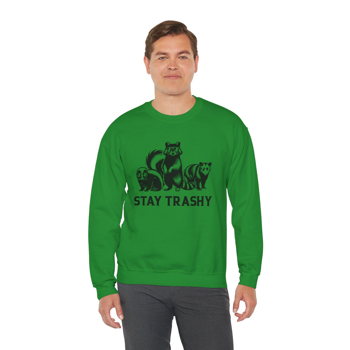 Stay Trashy, Skunk Raccoon Possum – Gildan Heavy Blend | Trendy Women’s and Men's Soft Sweatshirt. Direct to Garment. Printed & Shipped in the USA. Unisex Sizes.