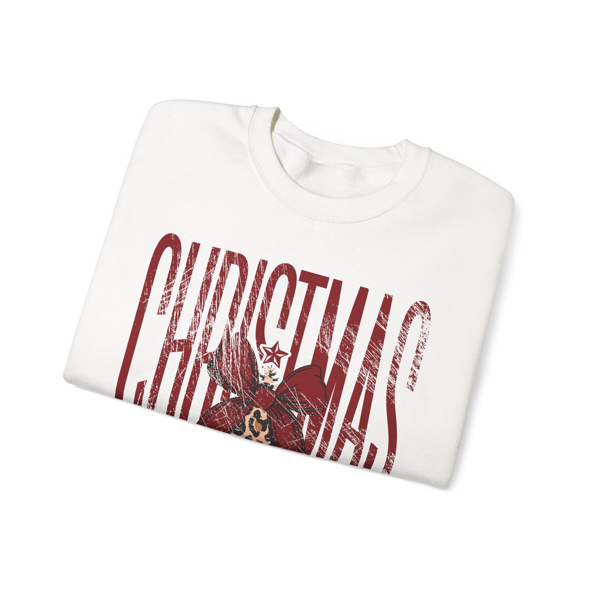 Christmas Season Leopard Tree Distressed – Gildan Heavy Blend | Trendy Women’s Soft Sweatshirt. Direct to Garment. Printed & Shipped in the USA. Unisex Sizes.