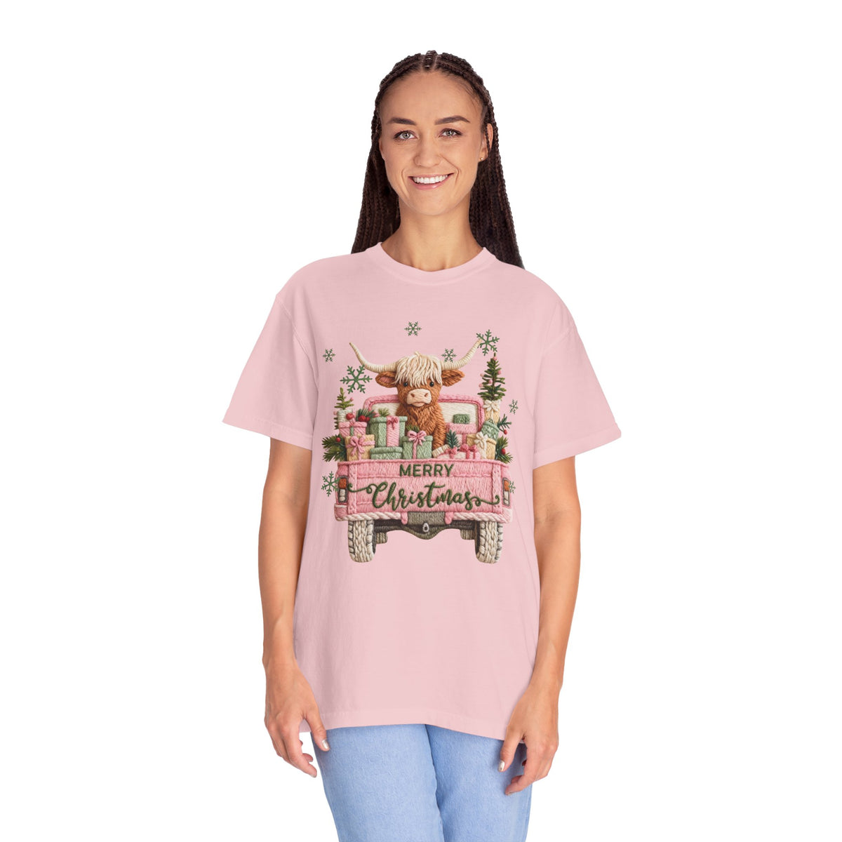 Highland Cow in Pink Truck Merry Christmas Holiday Farmhouse - Comfort Colors | Trendy Women's T-Shirt. Direct to Garment. Printed & Shipped in the USA. Unisex Sizes.