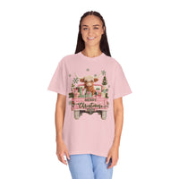 Highland Cow in Pink Truck Merry Christmas Holiday Farmhouse - Comfort Colors | Trendy Women's T-Shirt. Direct to Garment. Printed & Shipped in the USA. Unisex Sizes.