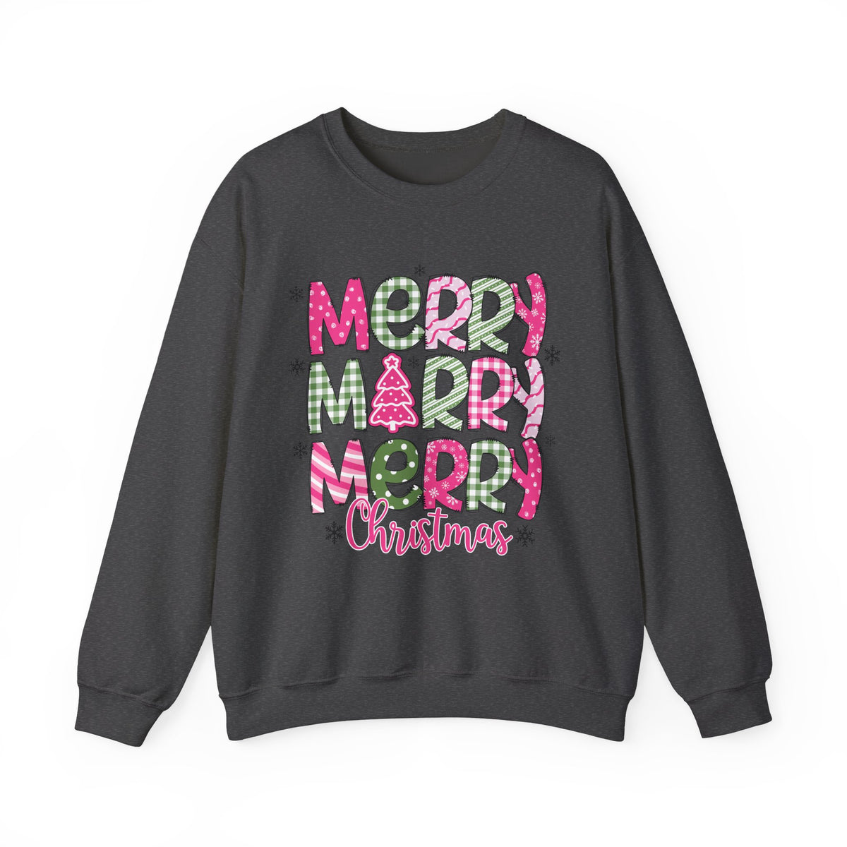 Merry Merry Merry Christmas Festive Candy Cane - Pink and Green – Gildan Heavy Blend | Trendy Women’s Soft Sweatshirt. Direct to Garment. Printed & Shipped in the USA. Unisex Sizes.