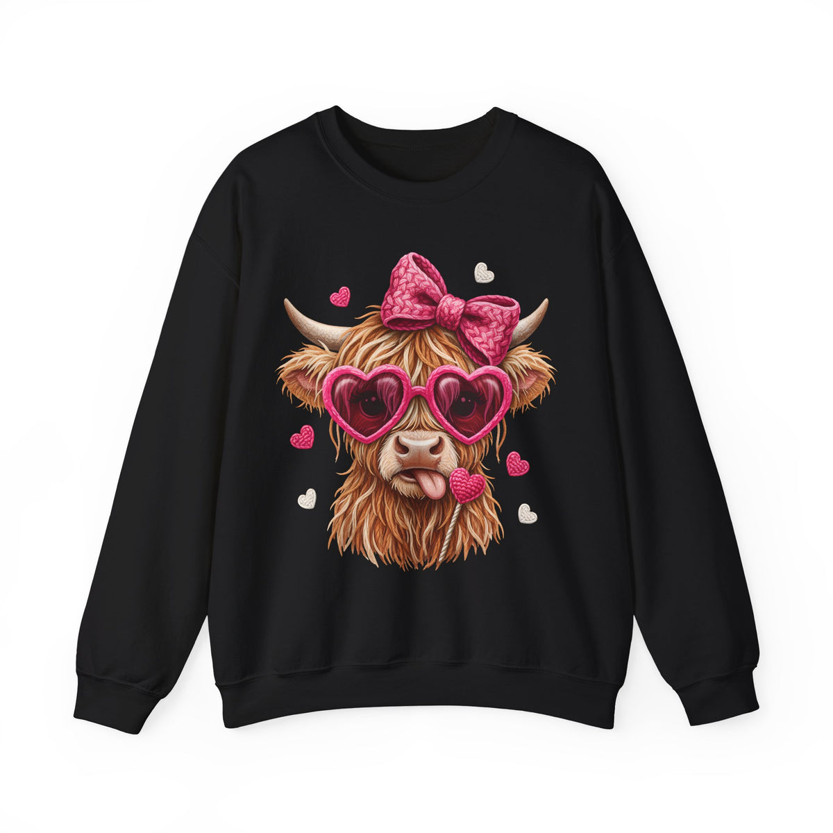 Highland Cow - Pink Heart Shaped Glasses – Gildan Heavy Blend | Trendy Women’s Soft Sweatshirt. Direct to Garment. Printed & Shipped in the USA. Unisex Sizes.