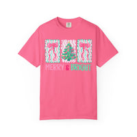 Merry & Bright Christmas — Pink & Green Holiday Tree Design - Comfort Colors | Trendy Women's T-Shirt. Direct to Garment. Printed & Shipped in the USA. Unisex Sizes.