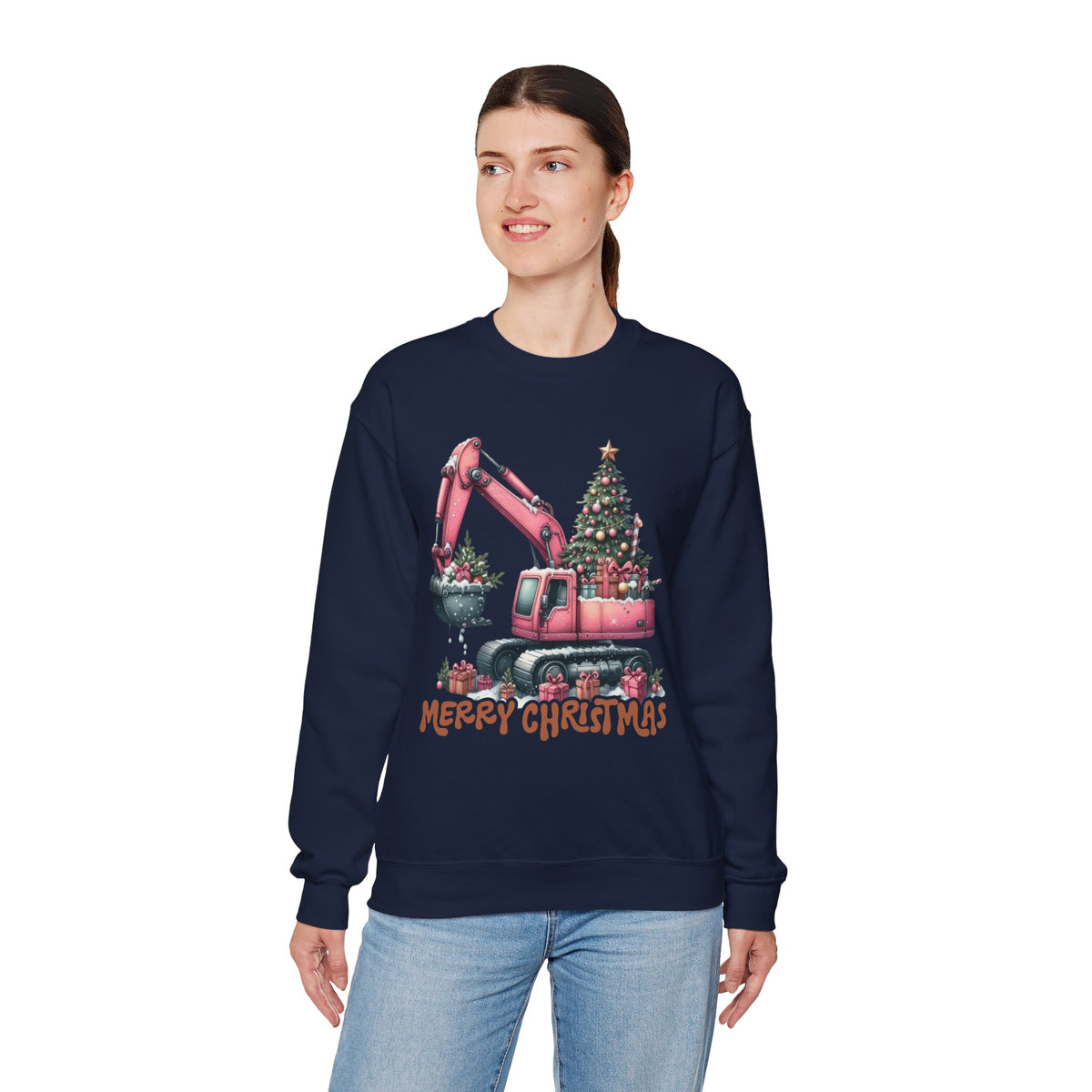 Excavator Merry Christmas Construction – Gildan Heavy Blend | Trendy Women’s Soft Sweatshirt. Direct to Garment. Printed & Shipped in the USA. Unisex Sizes.