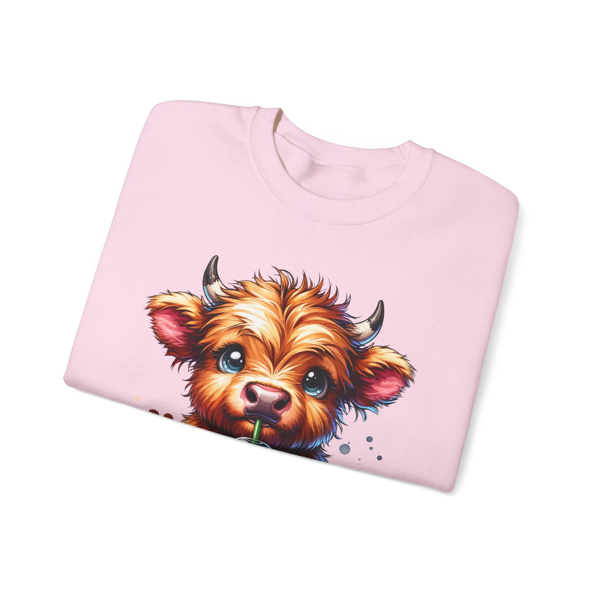 Coffee Addict Highland Cow Drinking Iced Coffee – Gildan Heavy Blend | Trendy Women’s Soft Sweatshirt. Direct to Garment. Printed & Shipped in the USA. Unisex Sizes.