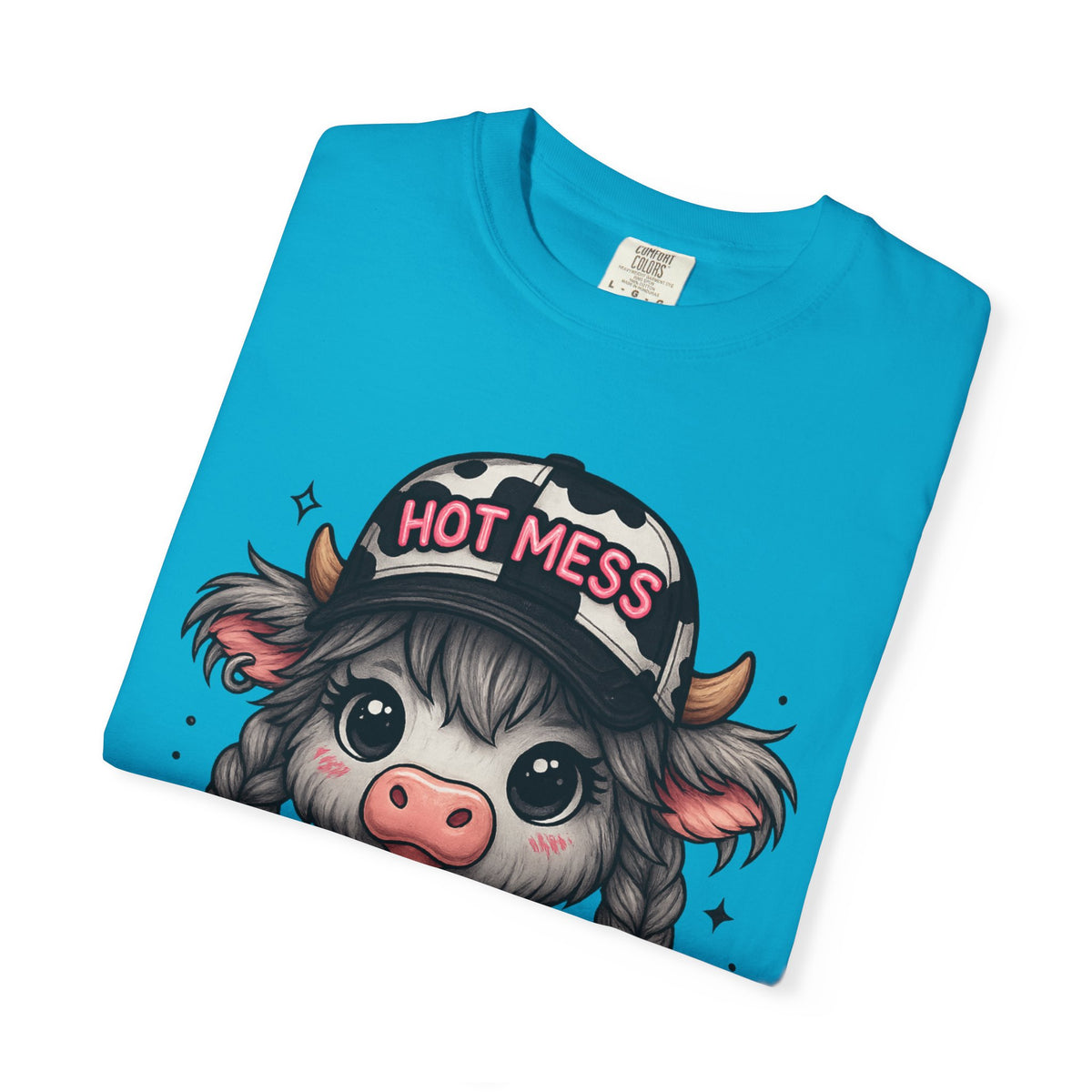 Cute Highland Cow 'Hot Mess' In Braids  - Comfort Colors | Trendy Women's T-Shirt. Direct to Garment. Printed & Shipped in the USA. Unisex Sizes.