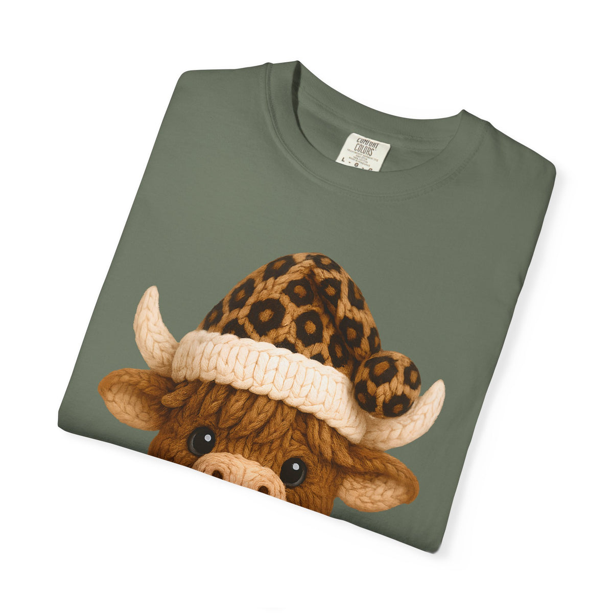Cute Highland Cow with Leopard Santa Hat Christmas - Comfort Colors | Trendy Women's T-Shirt. Direct to Garment. Printed & Shipped in the USA. Unisex Sizes.