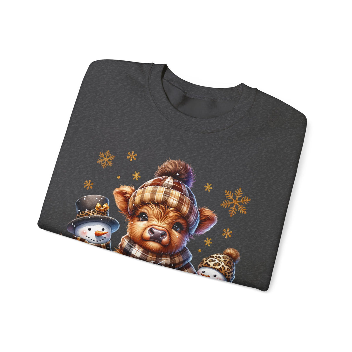 Cute Highland Cow with Snowmen, Winter – Gildan Heavy Blend | Trendy Women’s Soft Sweatshirt. Direct to Garment. Printed & Shipped in the USA. Unisex Sizes.
