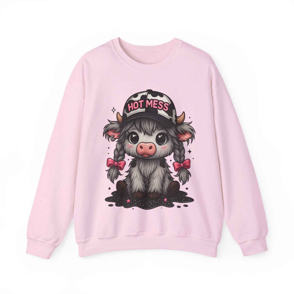 Cute Highland Cow 'Hot Mess' In Braids – Gildan Heavy Blend | Trendy Women’s Soft Sweatshirt. Direct to Garment. Printed & Shipped in the USA. Unisex Sizes.