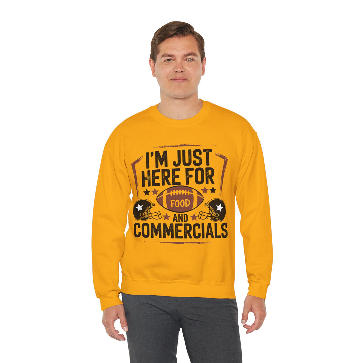 I'm Just Here for Food and Commercials – Gildan Heavy Blend | Trendy Women’s and Men's Soft Sweatshirt. Direct to Garment. Printed & Shipped in the USA. Unisex Sizes.