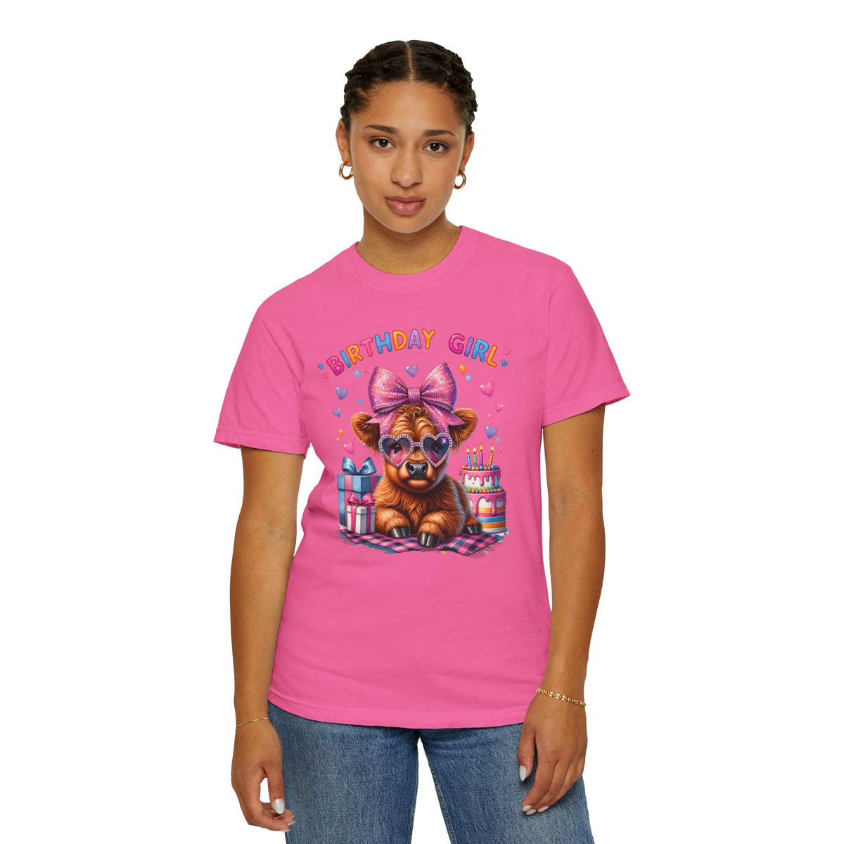Birthday Girl, Highland Cow - Comfort Colors | Trendy Women's T-Shirt. Direct to Garment. Printed & Shipped in the USA. Unisex Sizes.