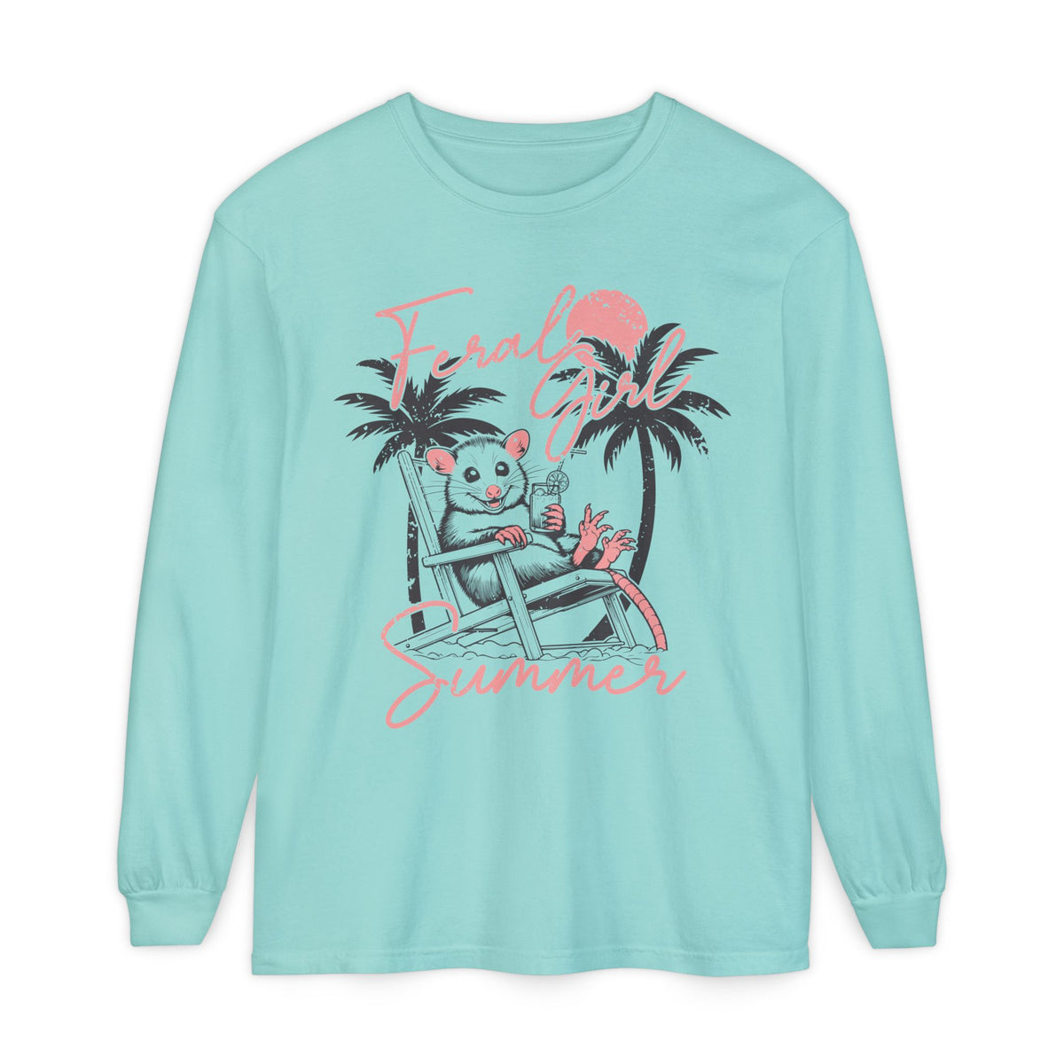 Feral Girl Summer, Possum on a Beach - Comfort Colors | Trendy Women's Long Sleeve T-Shirt. Direct to Garment. Printed & Shipped in the USA. Unisex Sizes.