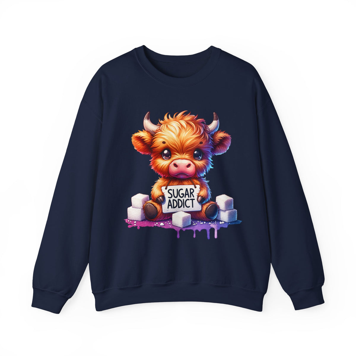 Sugar Addict Highland Cow – Gildan Heavy Blend | Trendy Women’s Soft Sweatshirt. Direct to Garment. Printed & Shipped in the USA. Unisex Sizes.