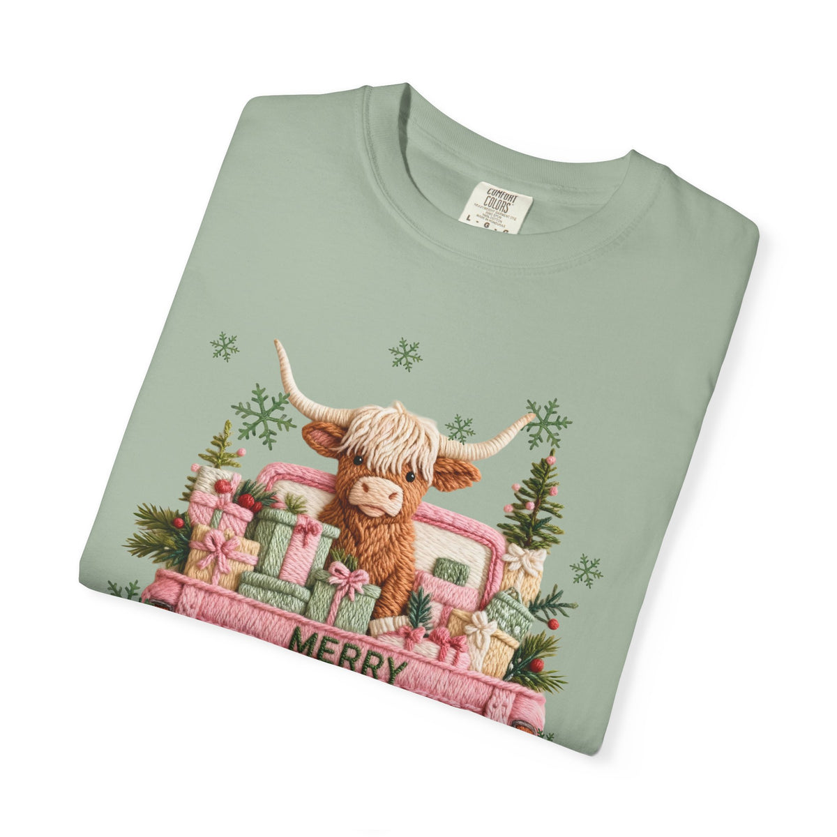 Highland Cow in Pink Truck Merry Christmas Holiday Farmhouse - Comfort Colors | Trendy Women's T-Shirt. Direct to Garment. Printed & Shipped in the USA. Unisex Sizes.