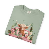 Highland Cow in Pink Truck Merry Christmas Holiday Farmhouse - Comfort Colors | Trendy Women's T-Shirt. Direct to Garment. Printed & Shipped in the USA. Unisex Sizes.