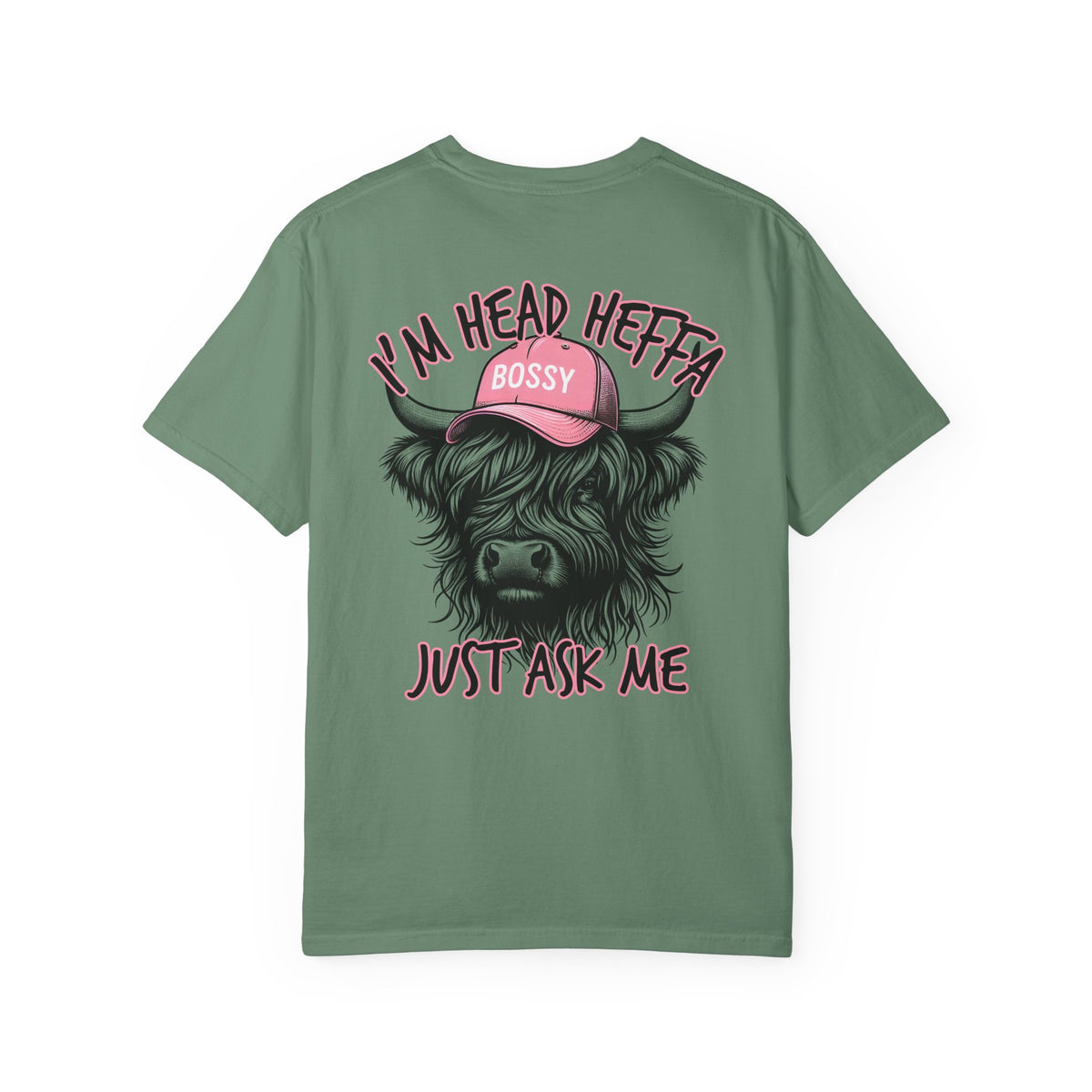 Head Heffa Highland Cow, Front & Back Print - Comfort Colors | Trendy Women's T-Shirt. Direct to Garment. Printed & Shipped in the USA. Unisex Sizes.