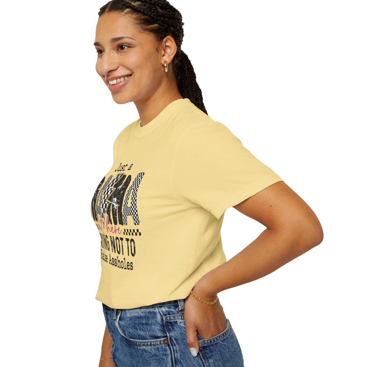 Just a Mama Out Here Trying Not To Raise Assholes - Comfort Colors | Trendy Women's T-Shirt. Direct to Garment. Printed & Shipped in the USA. Unisex Sizes.