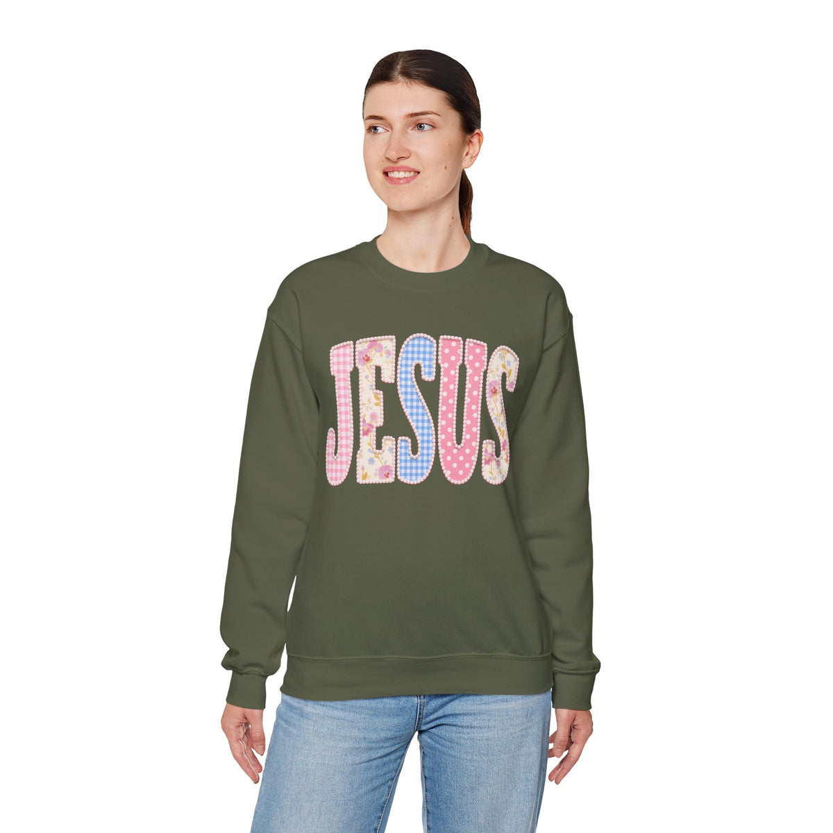 JESUS Pastel Faux Patchwork – Gildan Heavy Blend | Trendy Women’s Soft Sweatshirt. Direct to Garment. Printed & Shipped in the USA. Unisex Sizes.