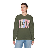 JESUS Pastel Faux Patchwork – Gildan Heavy Blend | Trendy Women’s Soft Sweatshirt. Direct to Garment. Printed & Shipped in the USA. Unisex Sizes.