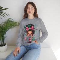 Nurse Life Messy Bun, Cute Stethoscope & Syringe – Gildan Heavy Blend | Trendy Women’s Soft Sweatshirt. Direct to Garment. Printed & Shipped in the USA. Unisex Sizes.