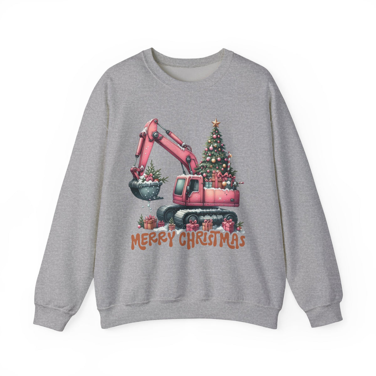Excavator Merry Christmas Construction – Gildan Heavy Blend | Trendy Women’s Soft Sweatshirt. Direct to Garment. Printed & Shipped in the USA. Unisex Sizes.