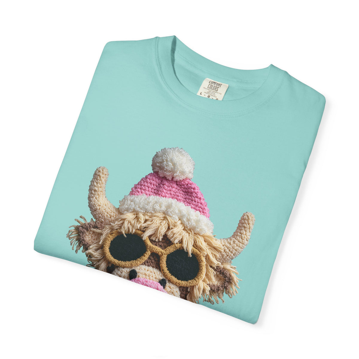 Faux Crochet Highland Cow Bubblegum - Comfort Colors | Trendy Women's T-Shirt. Direct to Garment. Printed & Shipped in the USA. Unisex Sizes.