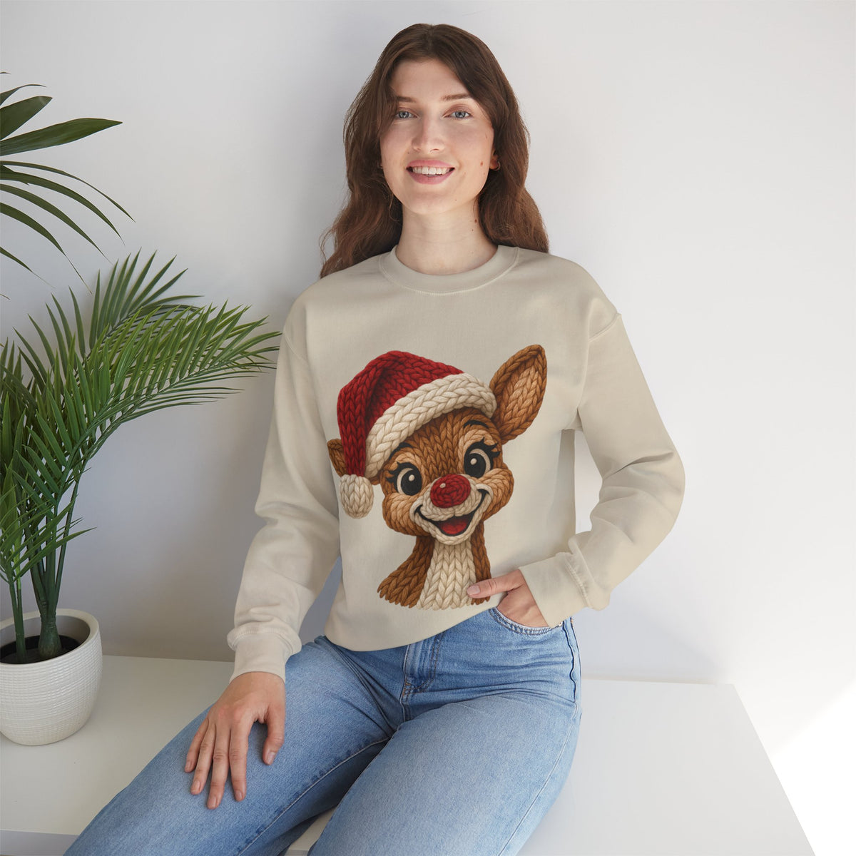 Cute Rudolph Faux Knit Look Reindeer w/Santa Hat – Gildan Heavy Blend | Trendy Women’s Soft Sweatshirt. Direct to Garment. Printed & Shipped in the USA. Unisex Sizes.