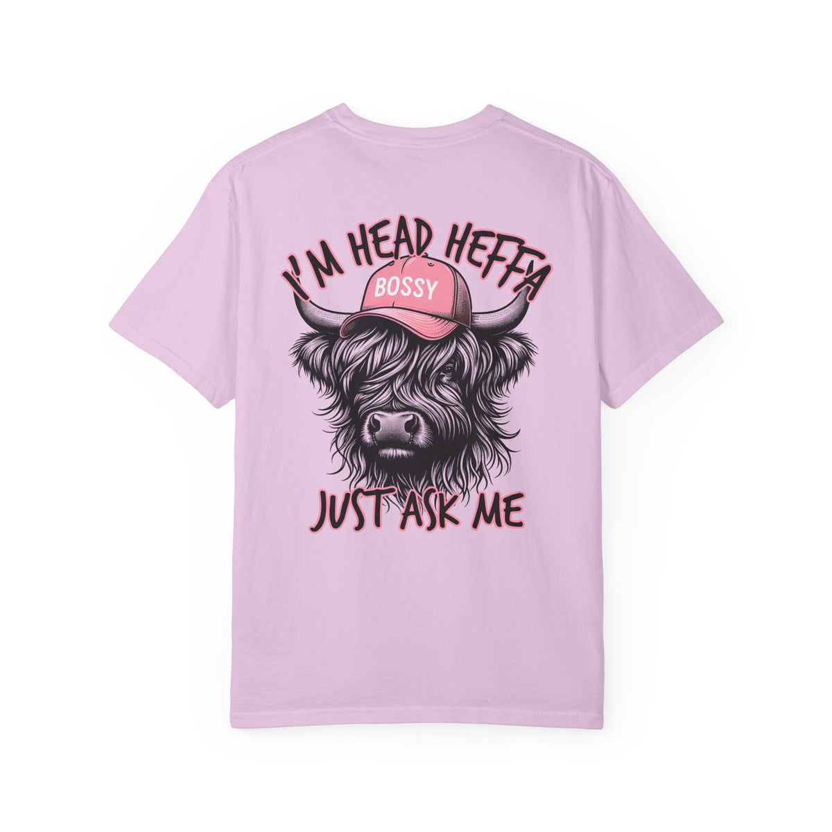 Head Heffa Highland Cow, Front & Back Print - Comfort Colors | Trendy Women's T-Shirt. Direct to Garment. Printed & Shipped in the USA. Unisex Sizes.