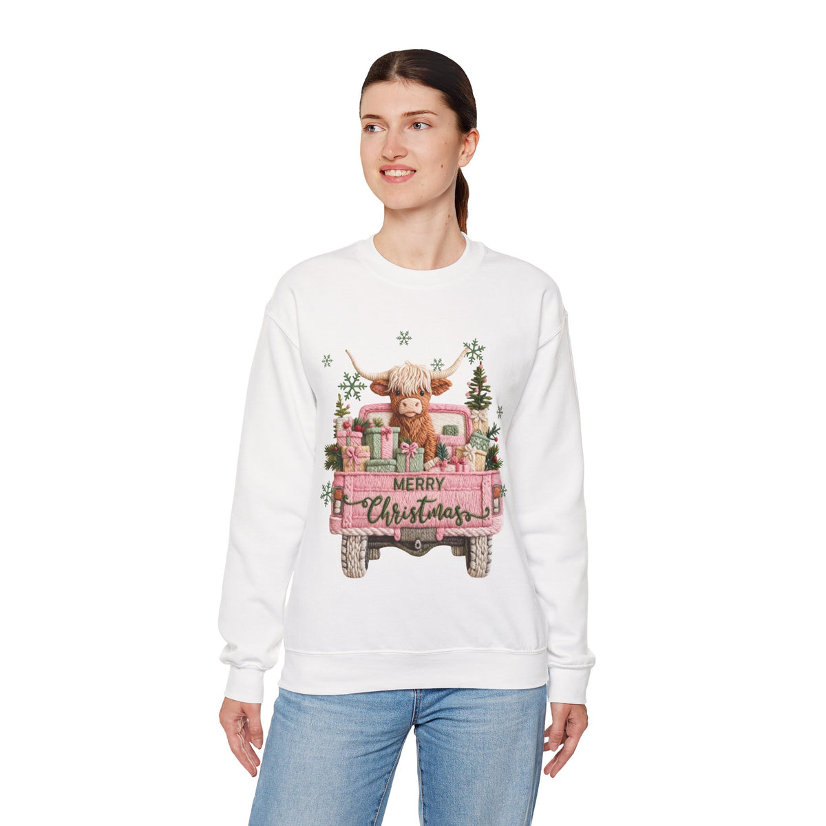 Highland Cow in Pink Truck Merry Christmas Holiday Farmhouse – Gildan Heavy Blend | Trendy Women’s Soft Sweatshirt. Direct to Garment. Printed & Shipped in the USA. Unisex Sizes.